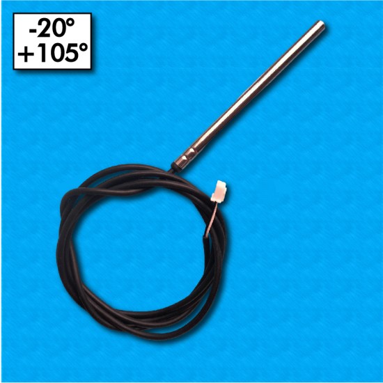 Sonde NTC ST-KWCN-30-1300 - Range -20°/+105°C - Cables en PVC 1300/1300mm - Beta 3435 - Avec ampoule en acier 6x100mm